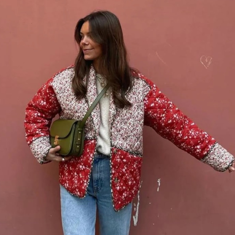 Red Ditsy Floral Printed Lightweight Quilted Jacket
